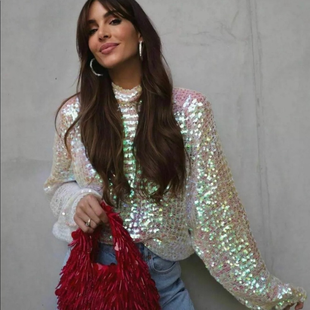 Zara Iridescent Sequin Crew Neck Sweater - White with Pink & Green Sheen